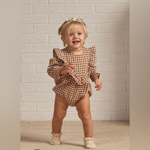 RYLEE + CRU Baby Girl Brown Gingham Long Sleeve Winnie Romper - 0-3M